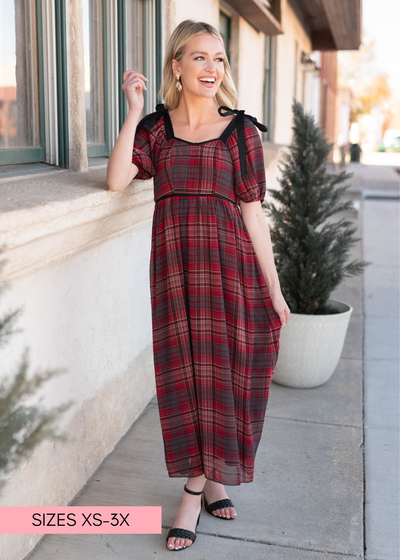 Red plaid bow dress by Lena & Layne