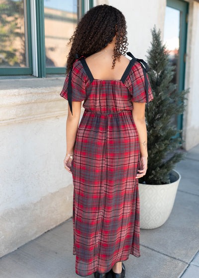 Back view of the red plaid bow dress