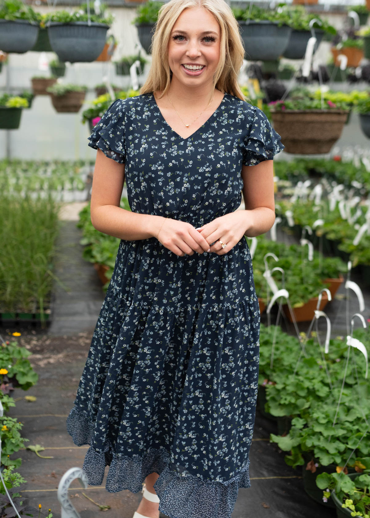 Audrie Navy Print Ruffle Dress