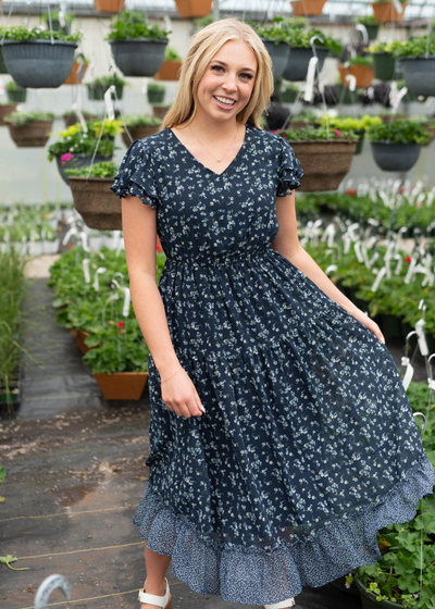 Audrie Navy Print Ruffle Dress