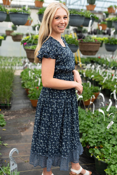 Audrie Navy Print Ruffle Dress