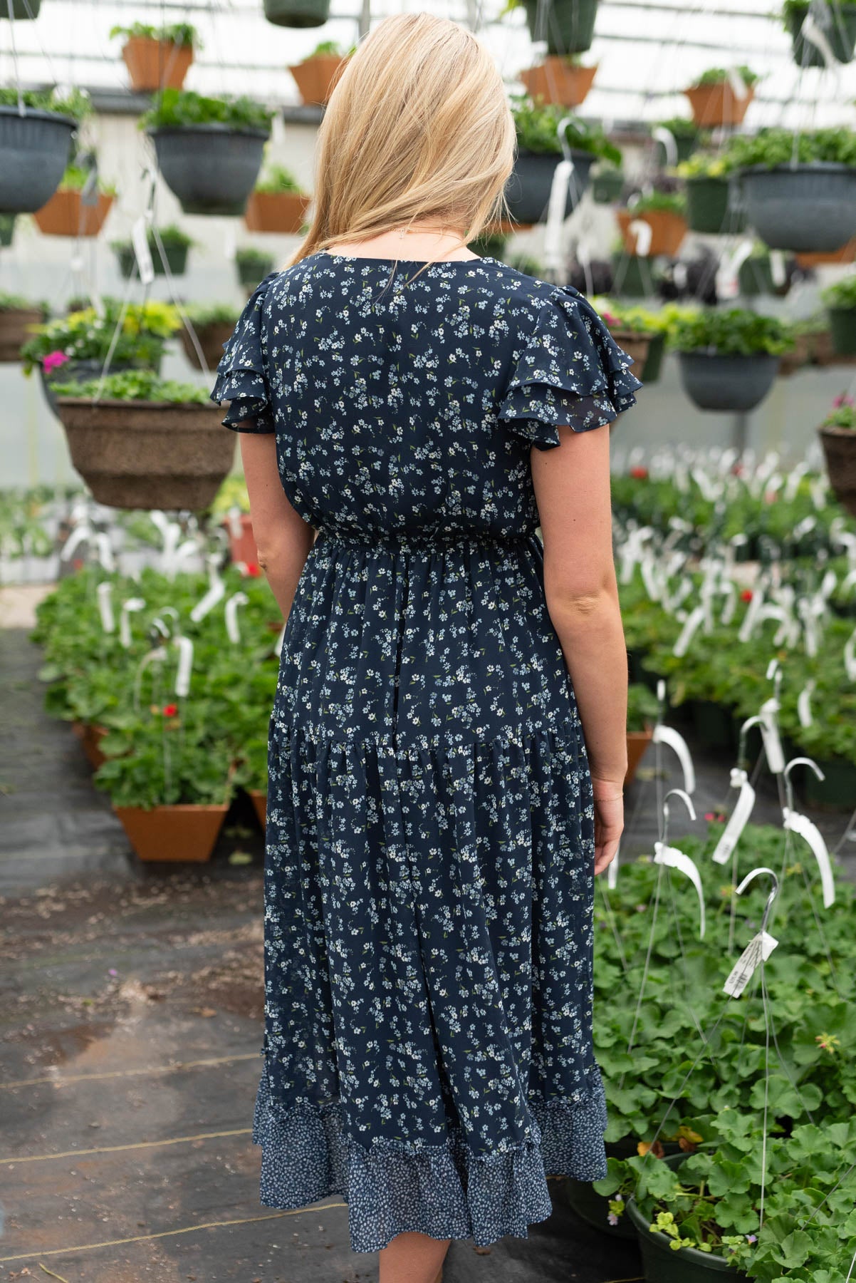 Audrie Navy Print Ruffle Dress