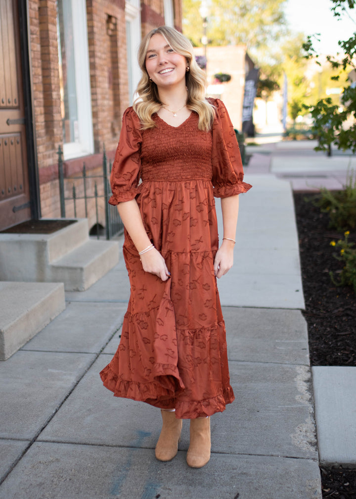 Aurelia Rust Smocked Dress - Feminine Dress | Lena Layne