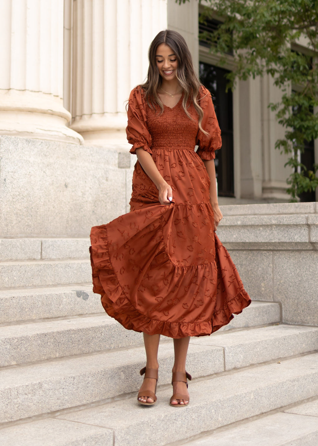 Aurelia Rust Smocked Dress - Feminine Dress | Lena Layne