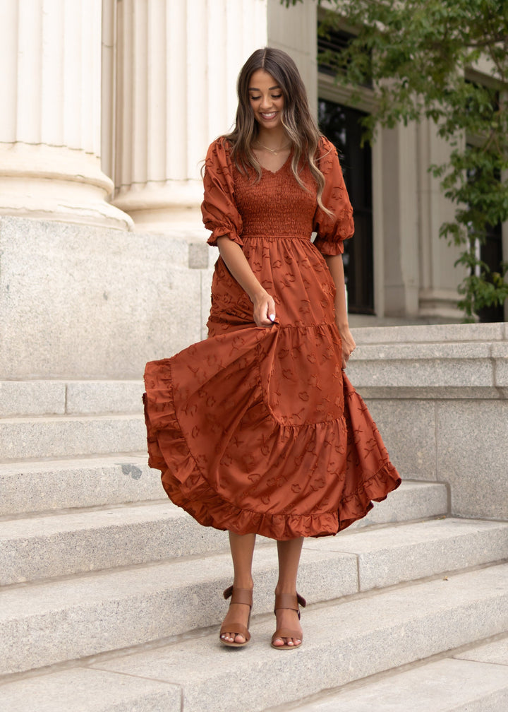 Aurelia Rust Smocked Dress - Feminine Dress | Lena Layne