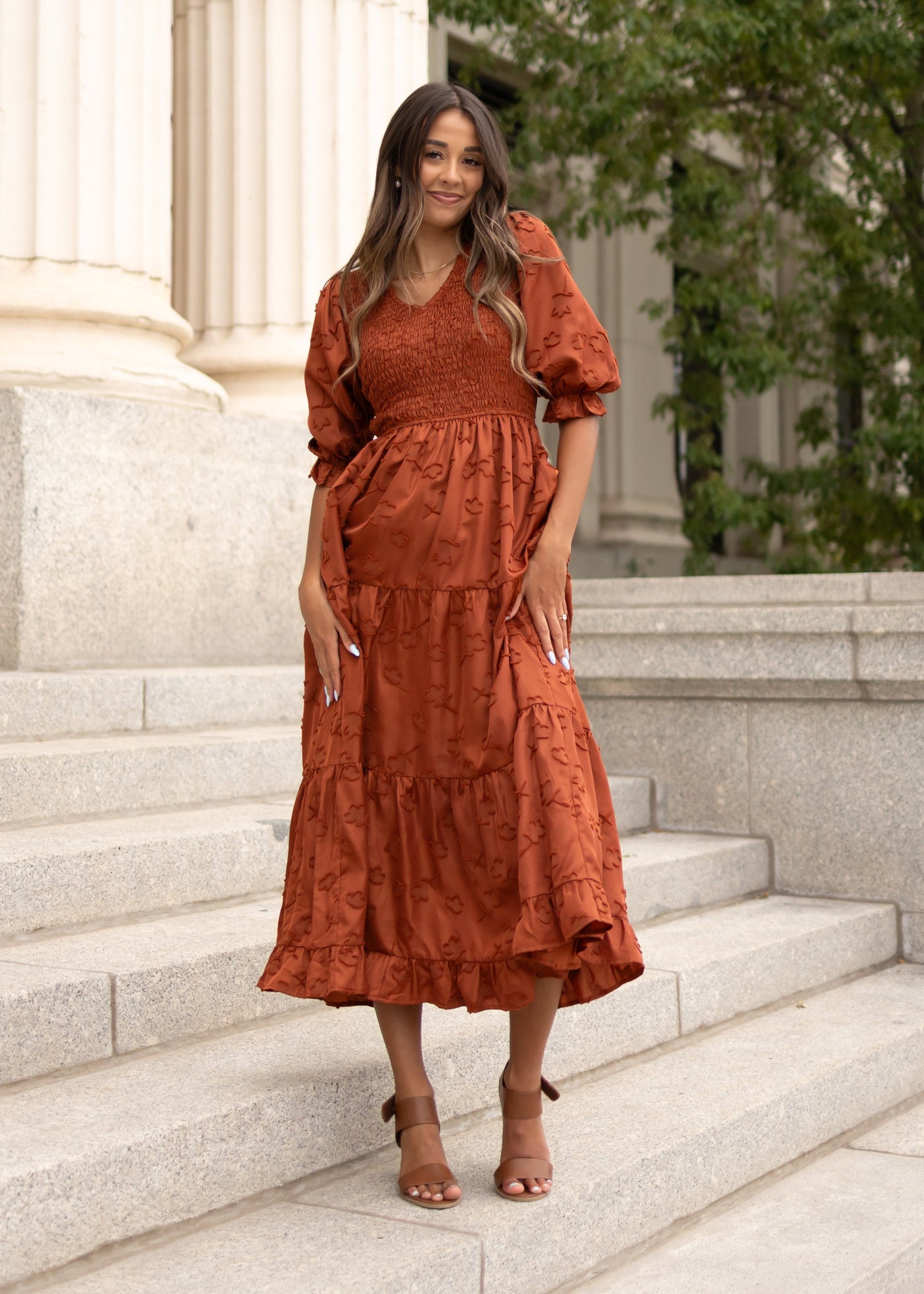 Modest tierd sienna smocked dress at Lena Layne