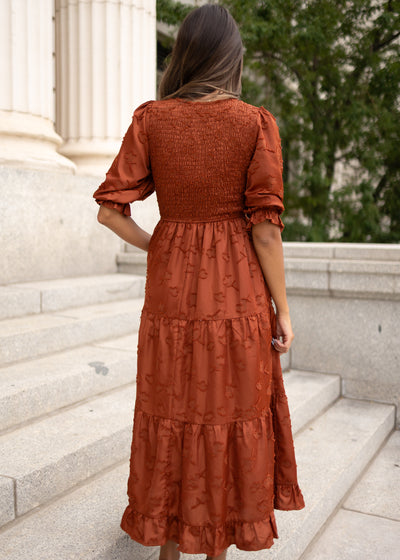 Back view of the floral sienna smocked dress 