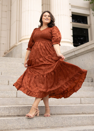 Plus size sienna smocked dress with short sleeve and pockets at Lena Layne