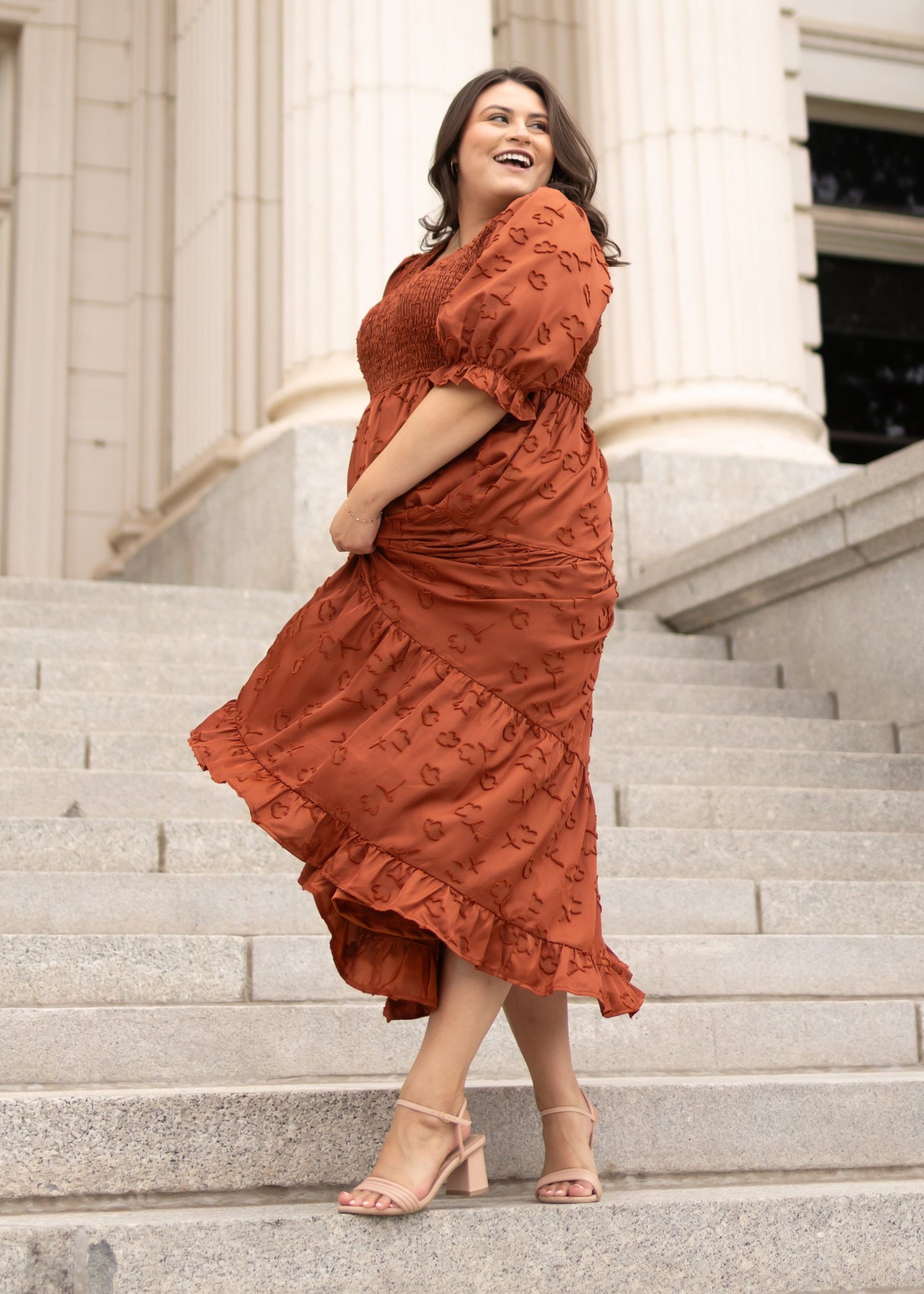 Modest sienna smocked dress with ruffle at the hem in plus size