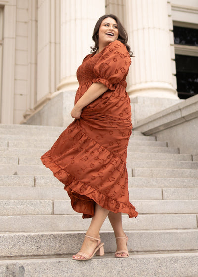 Modest sienna smocked dress with ruffle at the hem in plus size