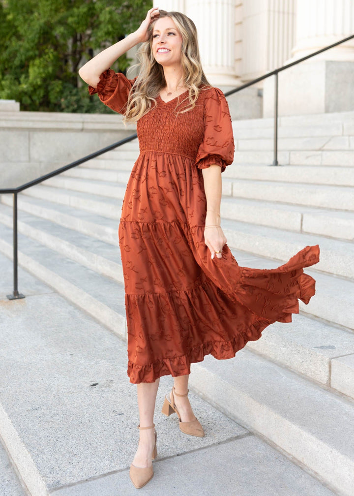 Aurelia Rust Smocked Dress - Feminine Dress | Lena Layne