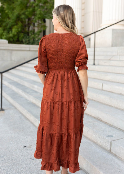 Back view of the modest sienna smocked dress