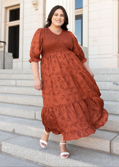 Modest plus size sienna smocked dress with a tiered skirt and a v-neck