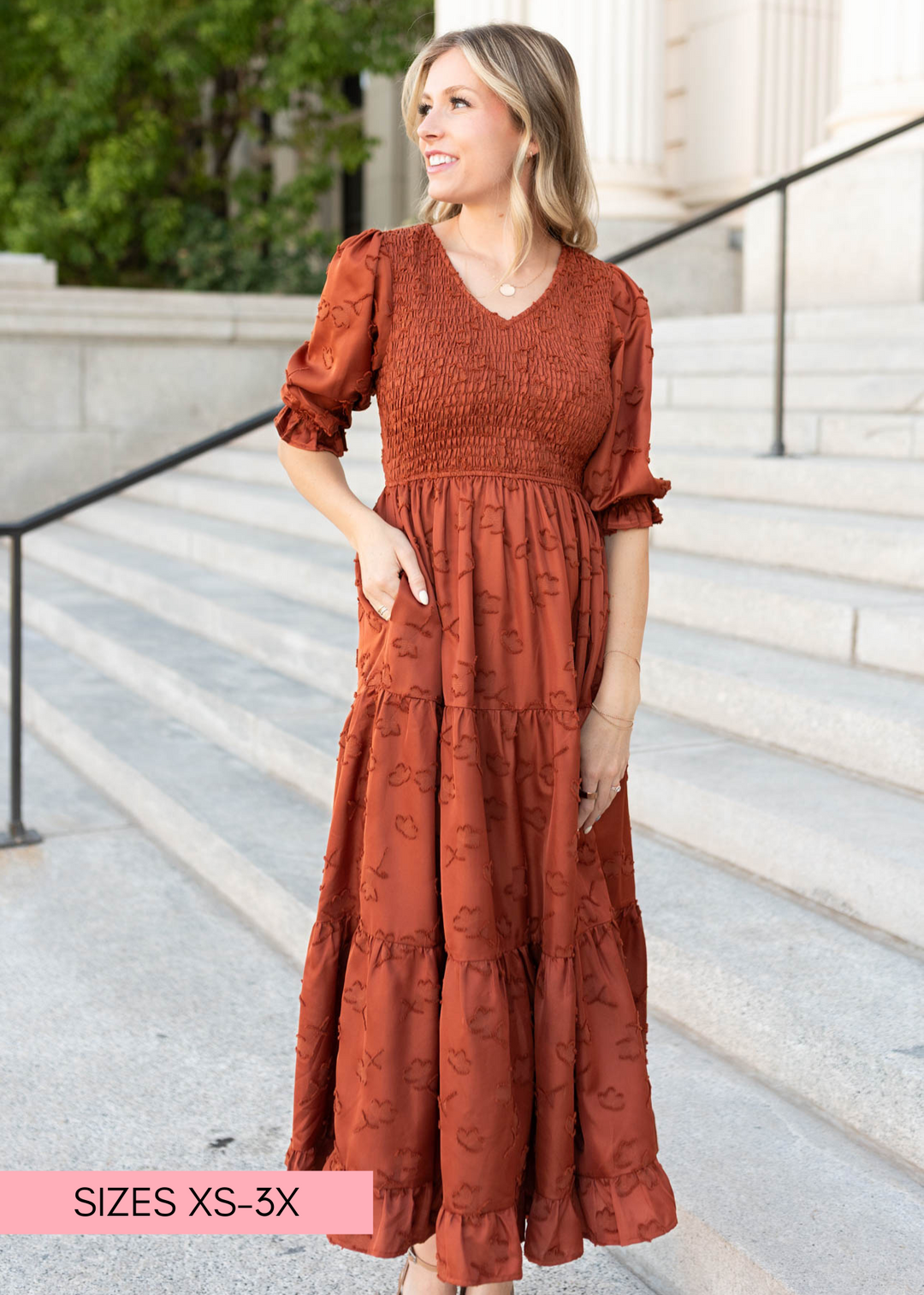 Aurelia Rust Smocked Dress - Feminine Dress