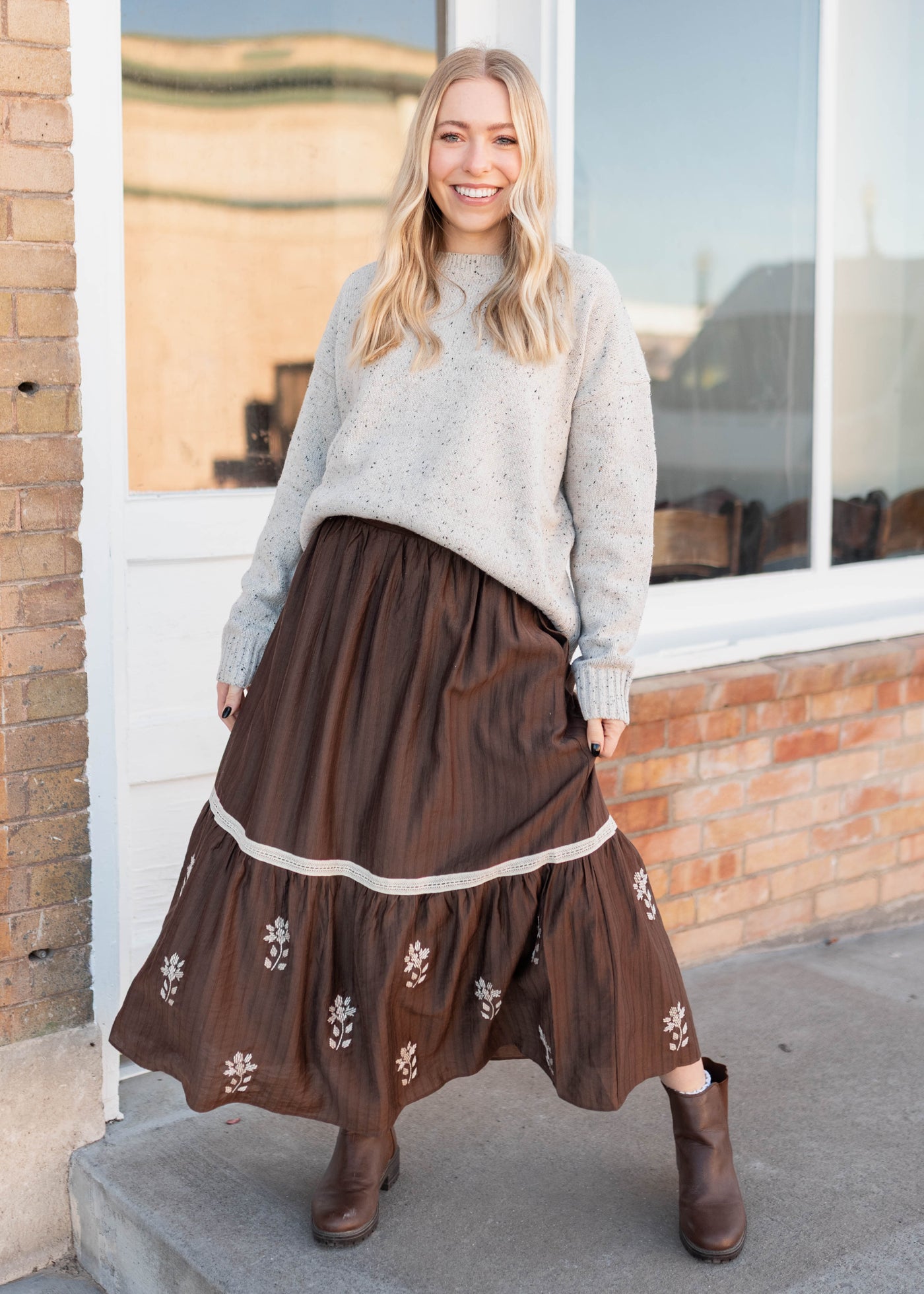 Aurora Brown Floral Embroidered Skirt