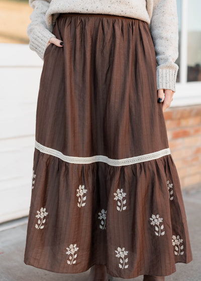 Aurora Brown Floral Embroidered Skirt