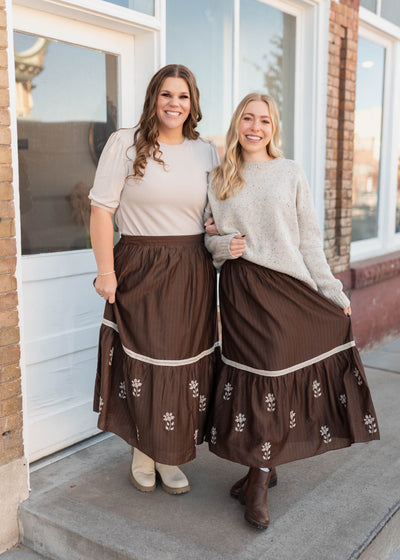 Aurora Brown Floral Embroidered Skirt