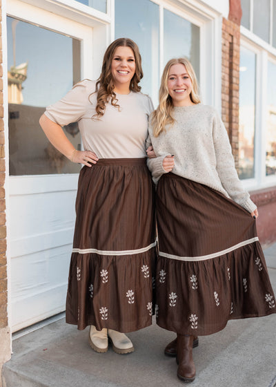 Aurora Brown Floral Embroidered Skirt