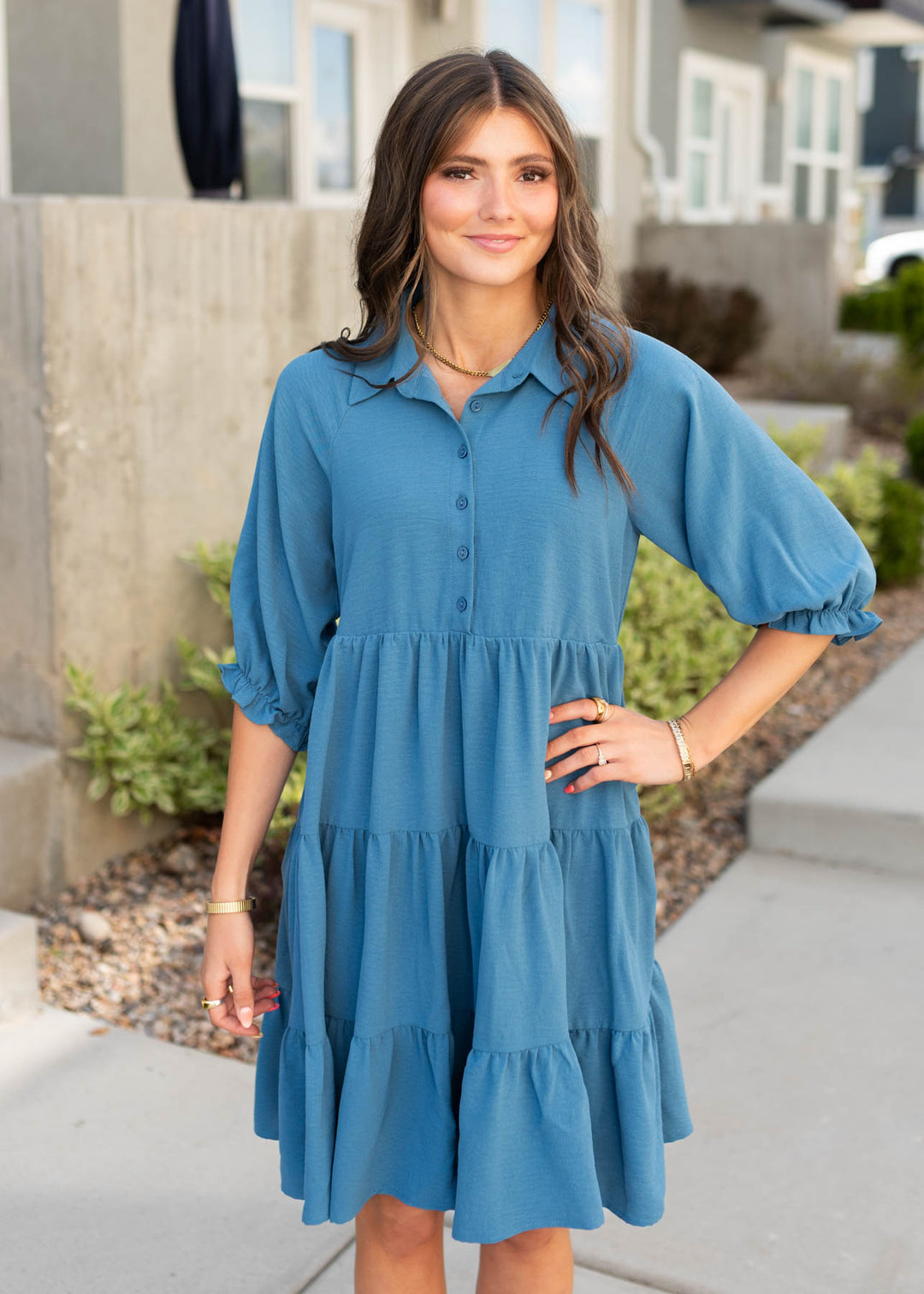 ladies tiered dresses Ava Blue Dress - Feminine Dress stretch-checkered-shirt-blue-3pds5010rt-400 Azazie Arie Junior Bridesmaid This lightweight product is Color:Picture Color Champagne