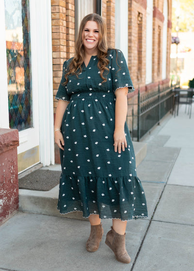 Modest plus size dark teal floral dress with short sleeves in midi length