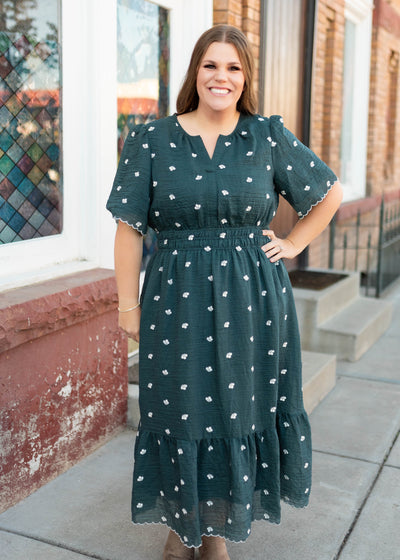 Short sleeve modest dark teal floral dress with elastic wasit and ivory embroidered flowers