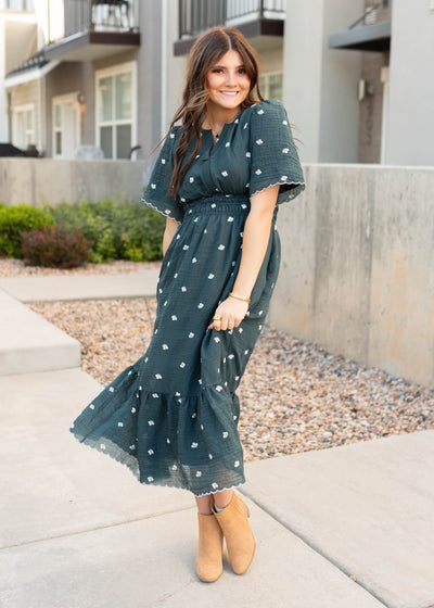 Modest midi dark teal floral dress