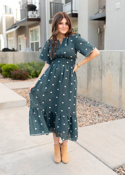 Dark teal floral dress with short sleeves