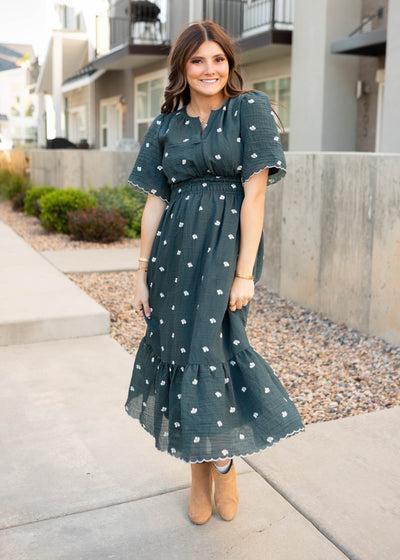 Modest short sleeve dark teal floral dress with wide elastic waist
