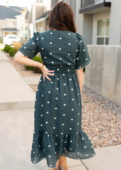 Back view of the teal floral dress