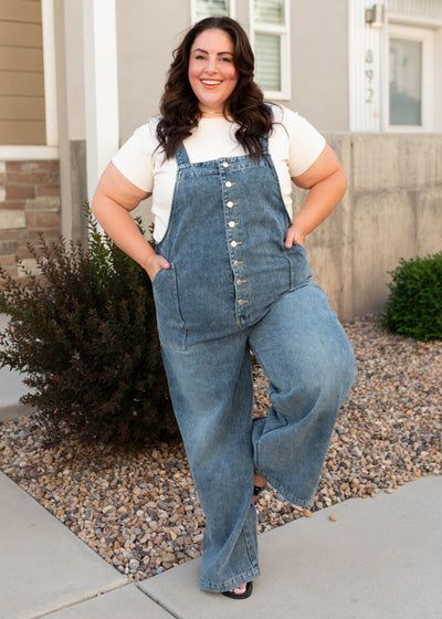 Button up wide leg plus size denim overall
