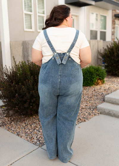 Back view of the plus size denim overalls