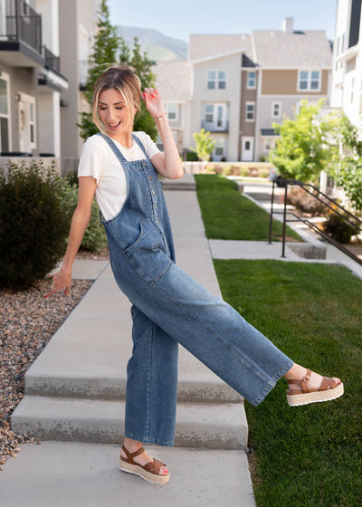 Button up denim overalls