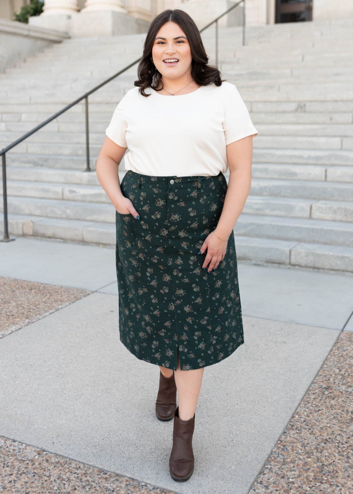 Plus size green floral pencil skirt at Lena Layne