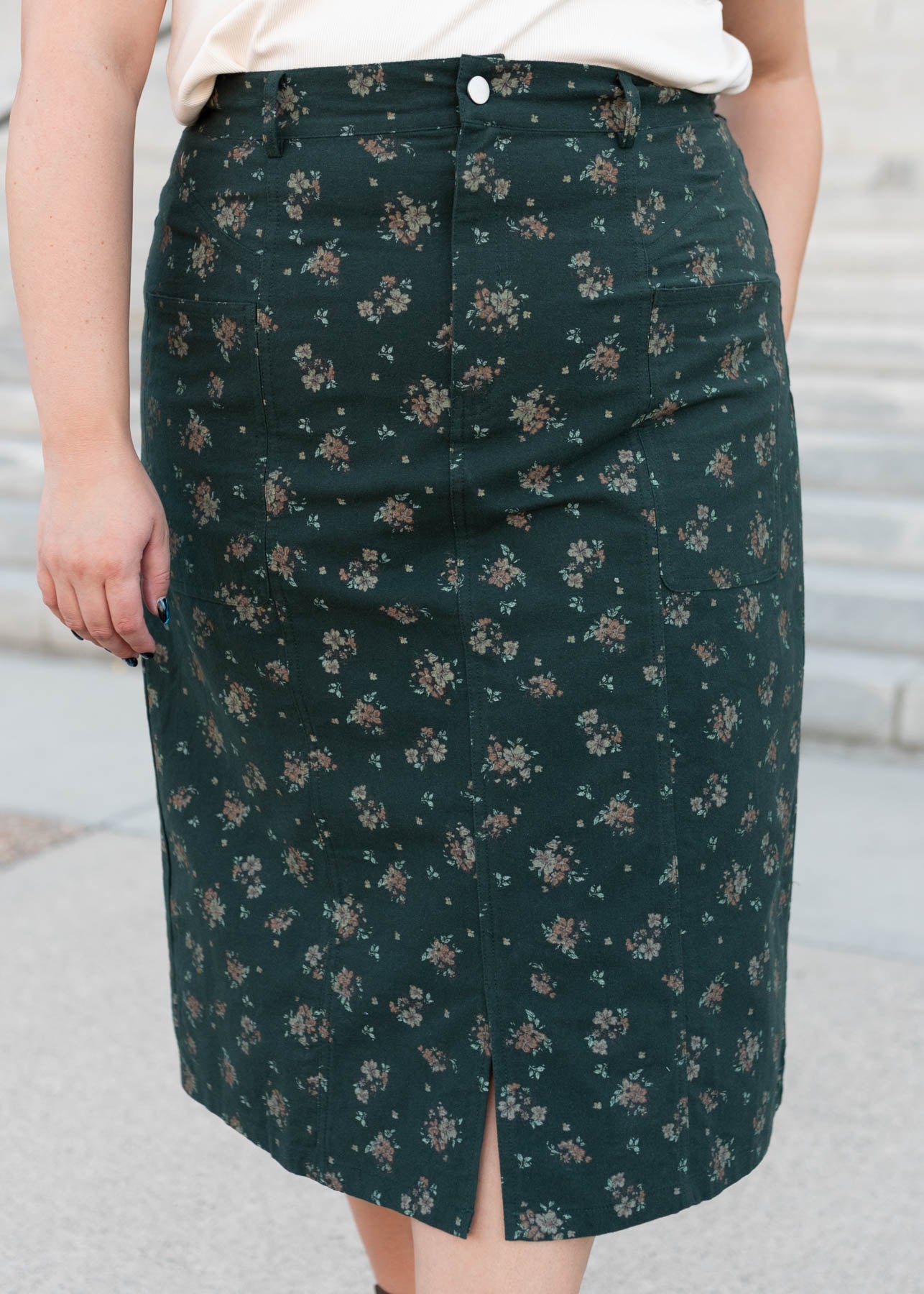 Modest plus size green floral pencil skirt with zip front and pockets