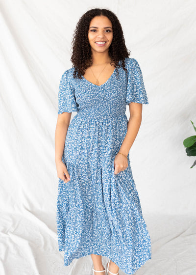 Blue floral tiered dress with smocked bodice