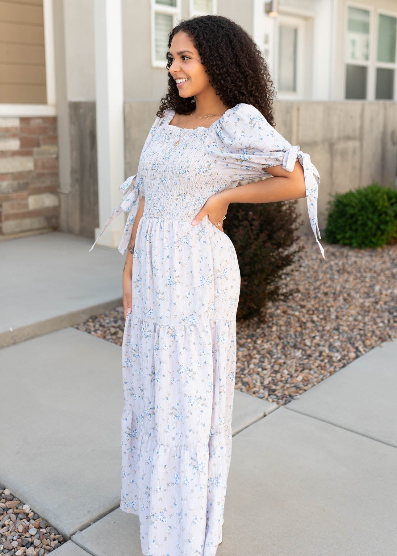 Side view of the lavender floral dress