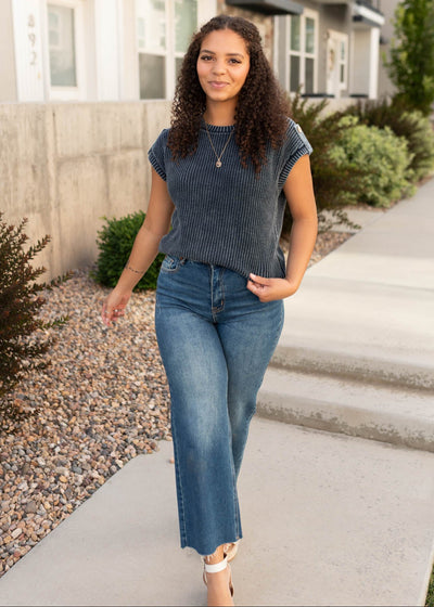 Modest sleeveless navy knit sweater