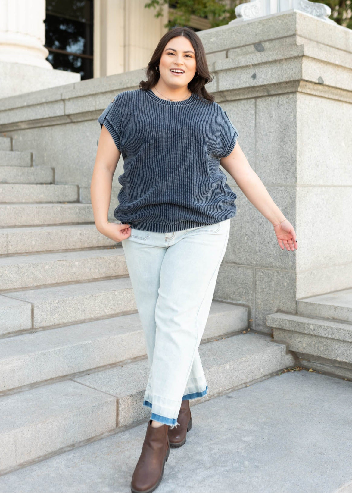 Distressed wash navy knit sweater in plus size