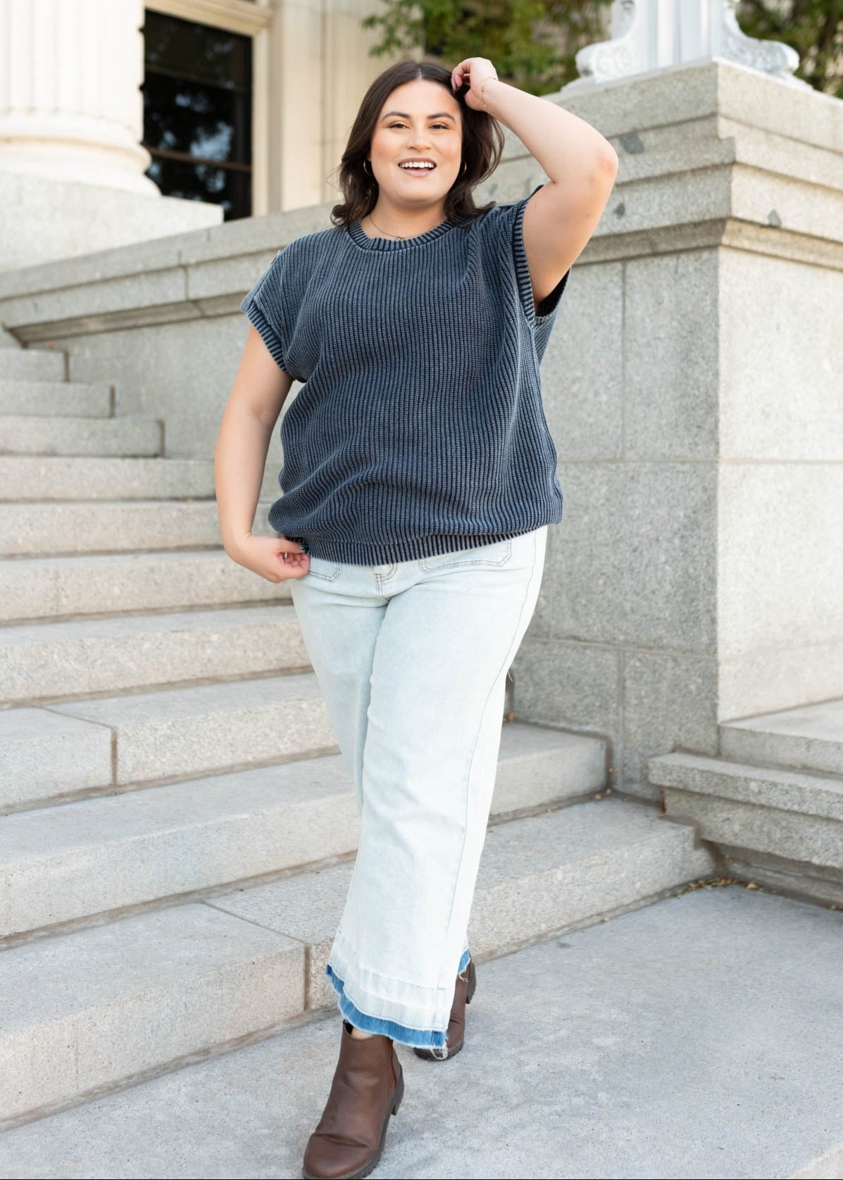 Short sleeve plus size navy knit sweater at Lena Layne
