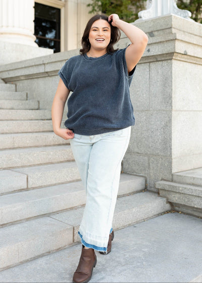 Short sleeve plus size navy knit sweater at Lena Layne
