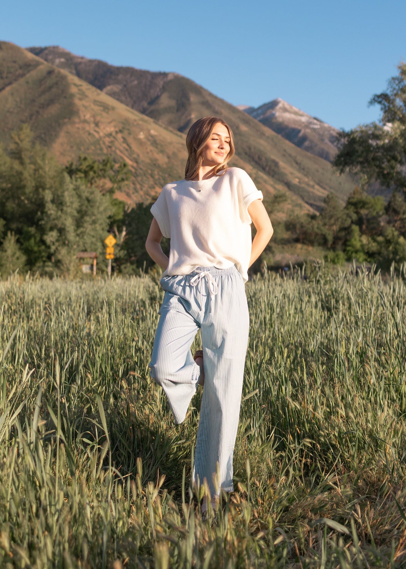 Betty Denim Pinstripe Wide-Leg Pants - Drawstring Waist, Front