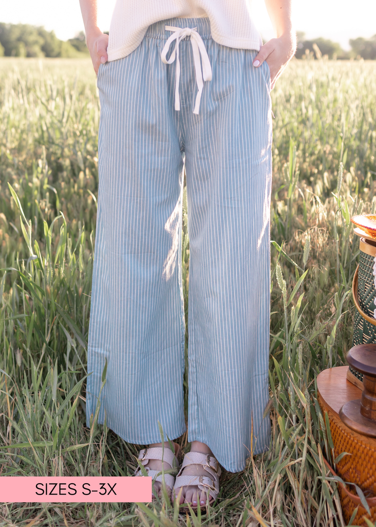 Betty Denim Pinstripe Wide-Leg Pants - Drawstring Waist, Front