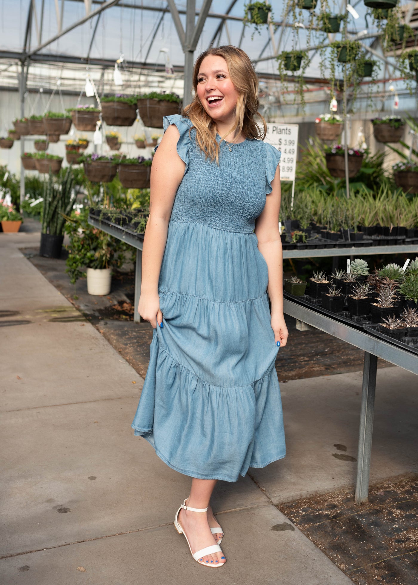 Billie Chambray Smocked Midi Dress - Flutter Sleeves & Tiered Skirt Billie Chambray Smocked Midi Dress - Flutter Sleeves & Tiered Skirt