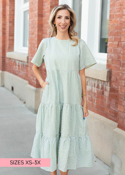 Modest sage gingham dress with pockets
