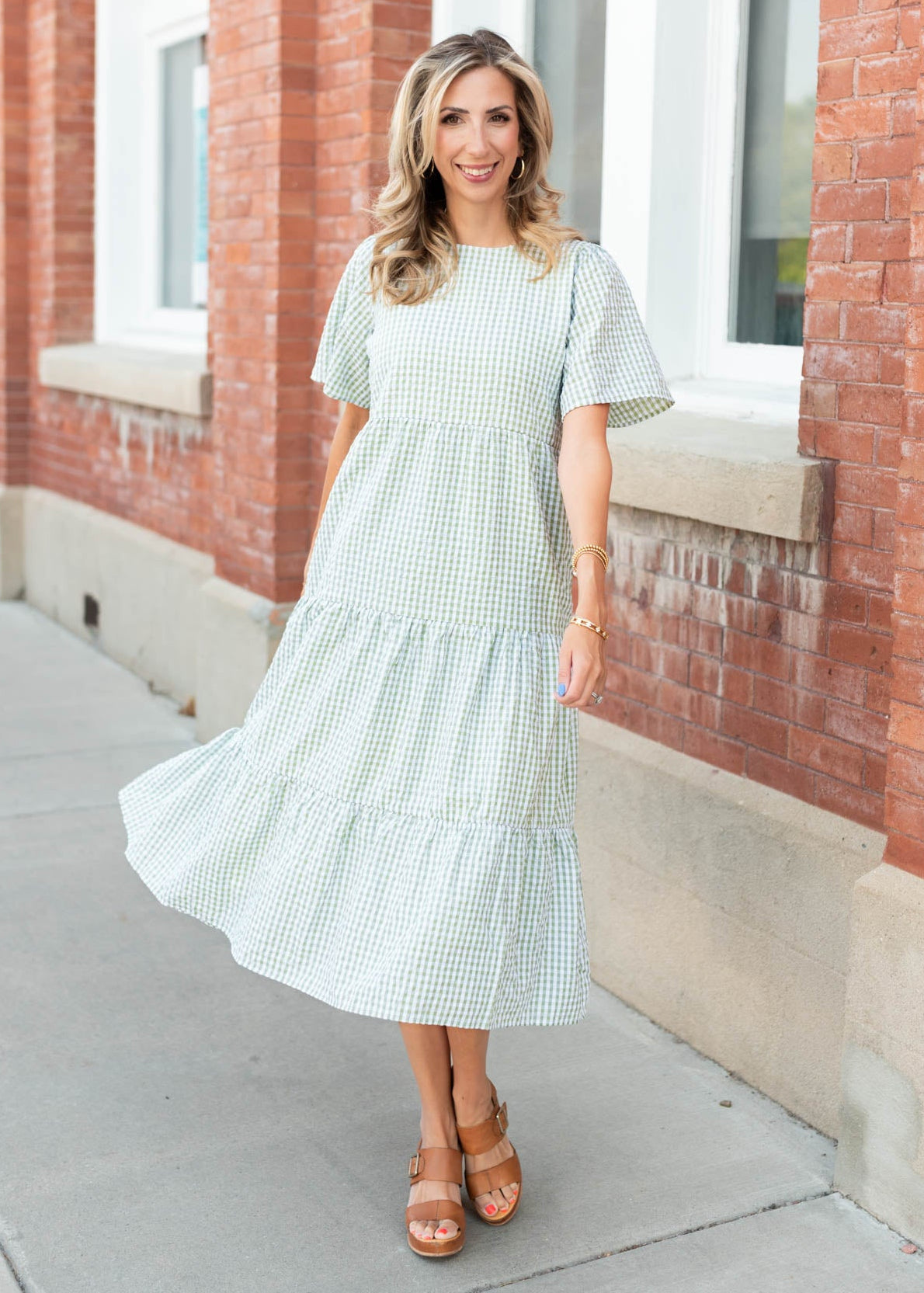 Modest short sleeve sage gingham dress