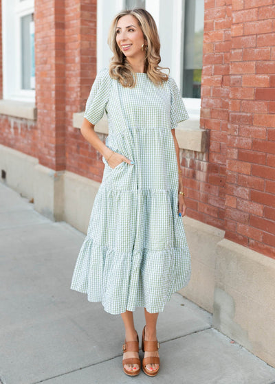 Lena Lou exclusive sage gingham dress with short sleeves
