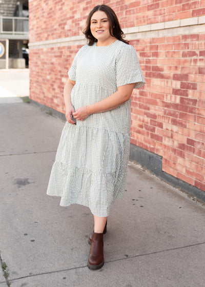 Plus size short sleeve sage gingham dress by Lena & Lou