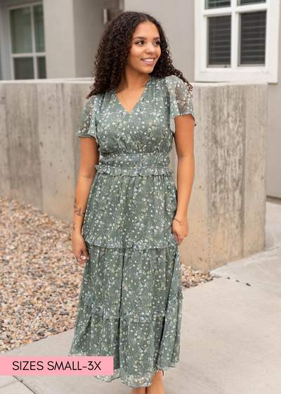 Sage floral dress in sizes small to 3x