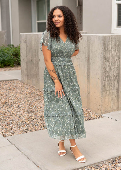 Short sleeve sage floral dress with wide elastic waist sold at Lena Layne