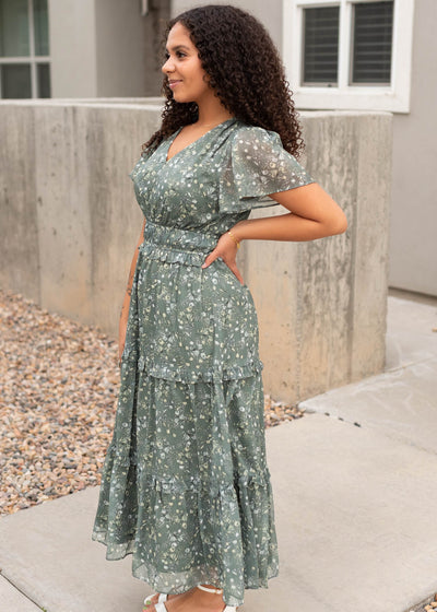 Side view of the modest sage floral dress